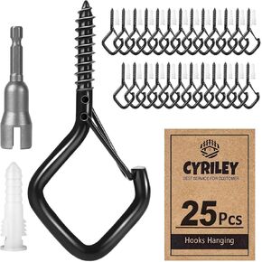 25pcs Screw Hooks for Hanging Outdoor String Lights with Safety Buckle, Windproof Ceiling Hanger Hook Cup Hook for Plants, Christmas Lights & Patio Lights with 1 Nut Driver 2.2 Inches, Black