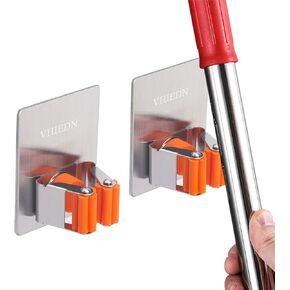 Broom Mop Holder Wall Mounted, Stainless Steel Adhesive Single Broom Hanger Hook for Bathroom Kitchen Garage Closet RV Organizer, Rectangle Orange, 2 Pack