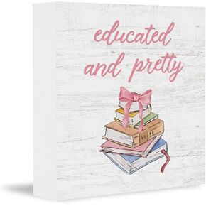 Coquette Preppy Pink Bow Books Wooden Box Sign, Book Lover Gifts, Trendy Cute Girly Sign for Home Bedroom Classroom Library Bookworm Wall Desk Shelf Tabletop Decoration