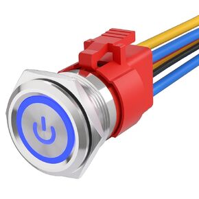 STARELO 10Amp 22MM 7/8'' Latching Push Button Switch with power mark 12V 1NO 1NC SPDT ON/Off Waterproof Stainless Steel Shell with LED Ring with Wire Socket Plug (Blue).