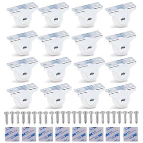 16Pcs Mini Fixed Caster Wheels 1 inch Silent Wheels, with Screws and Double-sided tape，Low Profile Small Casters Wheels, for Furniture Rolling Cabinet Trundle Bed Drawer with Screws (Non Swivel)