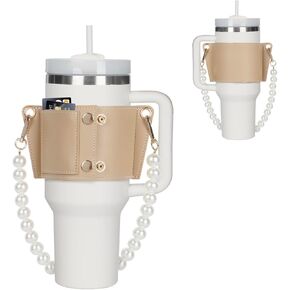 Leather Water Bottle Holder with Trendy Wide Shoulder Adjustment Strap Compatible with Stanley 30 oz & 40 oz Tumbler with Handle, Water Bottle Carrier with Card Holder & Key Holder，Stanley Accessories