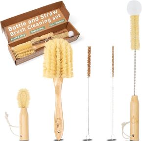 Bottle and Straw Brush Cleaning Set - Ergonomic & Plastic Free Bamboo Bottle Brush, All in One Bottle Cleaning Set, Sturdy Eco Friendly Water Bottle Cleaner Brush Set in Bamboo and Natural Fibers