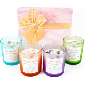 Scented Candles with Healing Crystals, Set of 4 Candle with Crystals and Healing Stones, Candle Clearance Gifts for Women, Rose Sage Amethyst Soy Wax Candles, Bathroom Candles for Relaxation