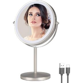 مرآة مكياج قابلة لإعادة الشحن مقاس 8 بوصات لسطح المكتب مع إضاءة، 3 ألوان 1X/10X مرآة مكياج بإضاءة طاولة مع شاشة تعمل باللمس تدور 360 درجة، مرآة مكبرة لمستحضرات التجميل بإضاءة LED قابلة للتعتيم من النيكل المصقول in Kuwait