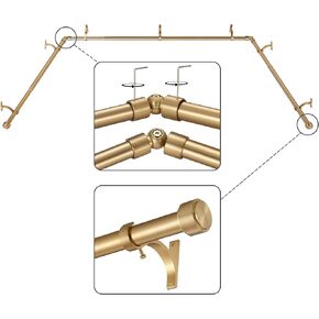 Black Corner Window Curtain Rods with Aluminum End Cap Finials and Brackets,1 Inch Diameter Bay Window Curtain Rods,2 Sided 36-72 Inch Adjustable Drapery Rod