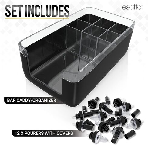علبة بار ممتازة من Esatto Professional Bar Products (أسود)، تستخدم لتنظيم عناصر البار ومساحة العمل بسهولة، مع 12 أداة سكب إضافية للصب الدقيق و12 غطاء سكب in Kuwait