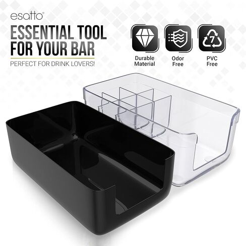 علبة بار ممتازة من Esatto Professional Bar Products (أسود)، تستخدم لتنظيم عناصر البار ومساحة العمل بسهولة، مع 12 أداة سكب إضافية للصب الدقيق و12 غطاء سكب in Kuwait