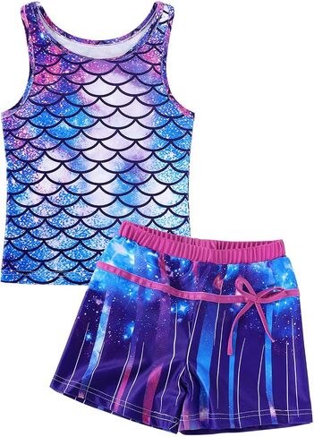 WonderBabe Girls Mermaid Swimsuit Two Piece Vest Style Bathing Suits with Boyshort Tankini Kids Rash Guard Swimwear in Saudi Arabia