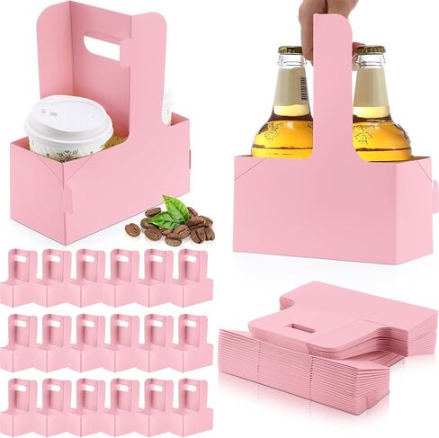 60 Pcs Drink Carrier with Handles, Holds 2 Cups, 6.9 x 3.2 x 8.9 Inches Coffee Holder Paperboard Drink Caddy for Hot and Cold Drinks, Takeout, Cafe and Restaurant Food Delivery Service (Pink) in Saudi Arabia