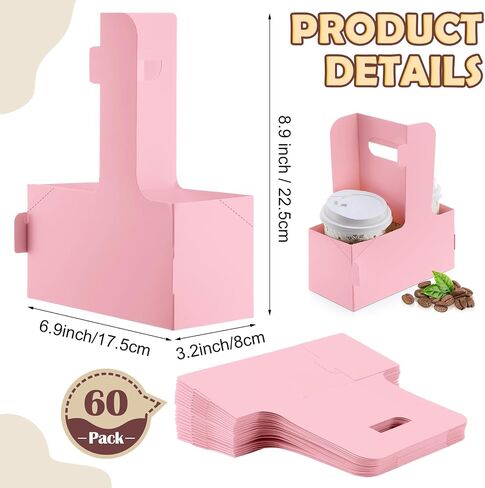 60 Pcs Drink Carrier with Handles, Holds 2 Cups, 6.9 x 3.2 x 8.9 Inches Coffee Holder Paperboard Drink Caddy for Hot and Cold Drinks, Takeout, Cafe and Restaurant Food Delivery Service (Pink) in Saudi Arabia