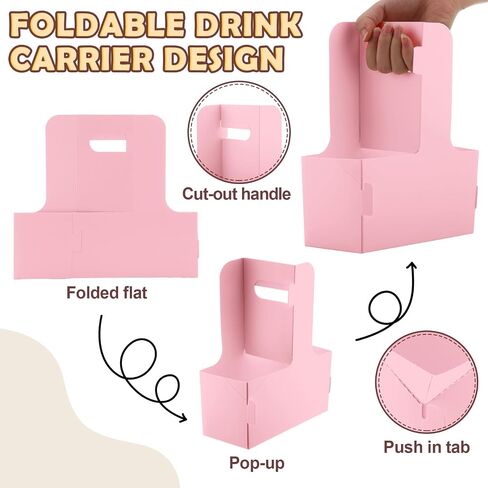 60 Pcs Drink Carrier with Handles, Holds 2 Cups, 6.9 x 3.2 x 8.9 Inches Coffee Holder Paperboard Drink Caddy for Hot and Cold Drinks, Takeout, Cafe and Restaurant Food Delivery Service (Pink) in Saudi Arabia