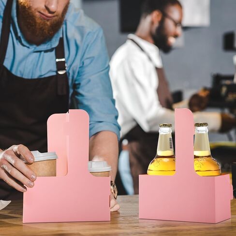 60 Pcs Drink Carrier with Handles, Holds 2 Cups, 6.9 x 3.2 x 8.9 Inches Coffee Holder Paperboard Drink Caddy for Hot and Cold Drinks, Takeout, Cafe and Restaurant Food Delivery Service (Pink) in Saudi Arabia