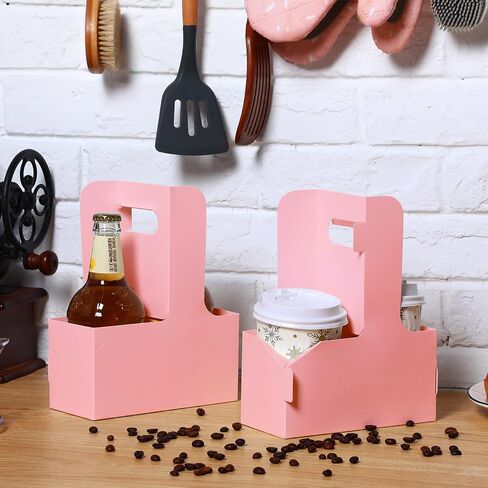 60 Pcs Drink Carrier with Handles, Holds 2 Cups, 6.9 x 3.2 x 8.9 Inches Coffee Holder Paperboard Drink Caddy for Hot and Cold Drinks, Takeout, Cafe and Restaurant Food Delivery Service (Pink) in Saudi Arabia