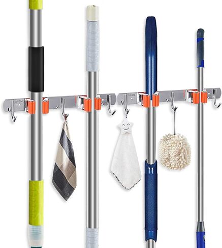 MOHOO 2 Pack Broom Holder Wall Mount Stainless Steel Wall Mounted Storage Organizer Heavy Duty Tools Hanger with 4 Racks 6 Hooks for Bathroom Kitchen Office Closet Garden in Saudi Arabia