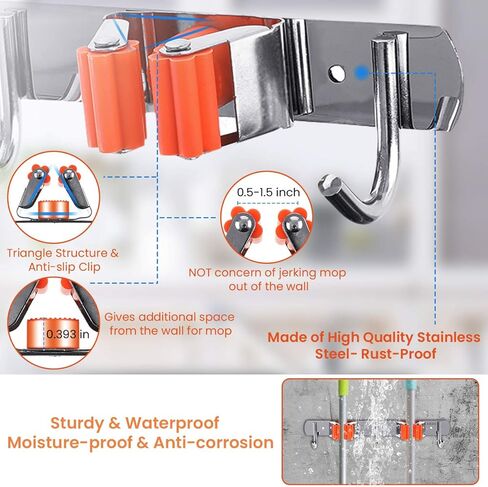 MOHOO 2 Pack Broom Holder Wall Mount Stainless Steel Wall Mounted Storage Organizer Heavy Duty Tools Hanger with 4 Racks 6 Hooks for Bathroom Kitchen Office Closet Garden in Saudi Arabia