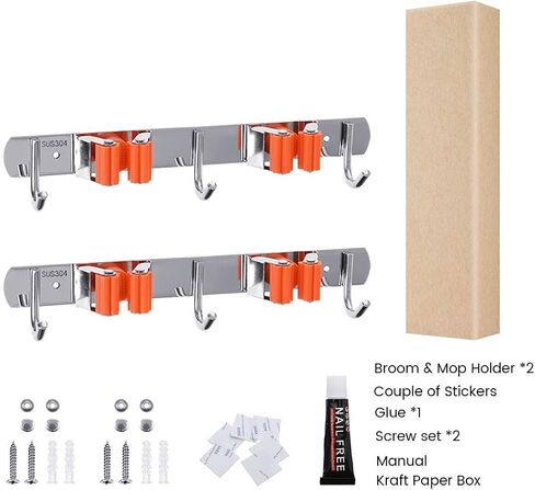 MOHOO 2 Pack Broom Holder Wall Mount Stainless Steel Wall Mounted Storage Organizer Heavy Duty Tools Hanger with 4 Racks 6 Hooks for Bathroom Kitchen Office Closet Garden in Saudi Arabia