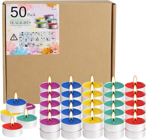 50 Packs Assorted Colors Unscented Tealights Candle Bulk, 5 Colors Smokeless Mini Votive Candles for Home Decor Dinner Shabbat Valentine's Day, 4 Hours in Saudi Arabia