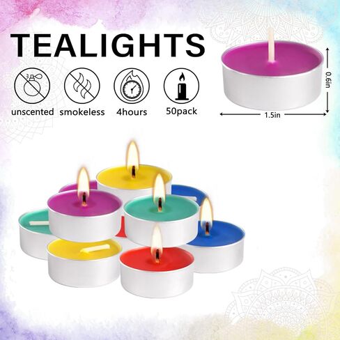 50 Packs Assorted Colors Unscented Tealights Candle Bulk, 5 Colors Smokeless Mini Votive Candles for Home Decor Dinner Shabbat Valentine's Day, 4 Hours in Saudi Arabia