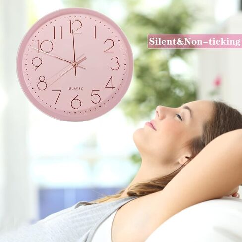 JUSTUP Round Wall Clock, 12 Inch Pink Large Wall Clock for Bedroom, Quality Quartz Modern Silent Clock with Battery Operated, Arabic Quiet Wall Clock Decor for Home Kitchen Living Room Office (Pink) in Saudi Arabia