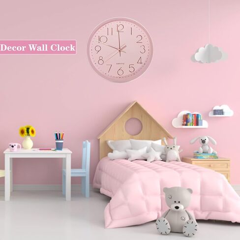 JUSTUP Round Wall Clock, 12 Inch Pink Large Wall Clock for Bedroom, Quality Quartz Modern Silent Clock with Battery Operated, Arabic Quiet Wall Clock Decor for Home Kitchen Living Room Office (Pink) in Saudi Arabia