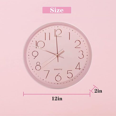 JUSTUP Round Wall Clock, 12 Inch Pink Large Wall Clock for Bedroom, Quality Quartz Modern Silent Clock with Battery Operated, Arabic Quiet Wall Clock Decor for Home Kitchen Living Room Office (Pink) in Saudi Arabia