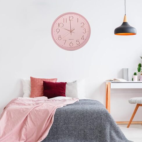 JUSTUP Round Wall Clock, 12 Inch Pink Large Wall Clock for Bedroom, Quality Quartz Modern Silent Clock with Battery Operated, Arabic Quiet Wall Clock Decor for Home Kitchen Living Room Office (Pink) in Saudi Arabia