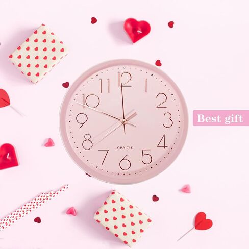 JUSTUP Round Wall Clock, 12 Inch Pink Large Wall Clock for Bedroom, Quality Quartz Modern Silent Clock with Battery Operated, Arabic Quiet Wall Clock Decor for Home Kitchen Living Room Office (Pink) in Saudi Arabia