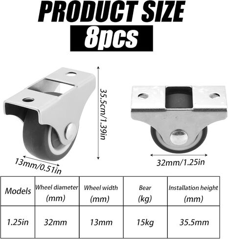 8pcs 1 Inch Low Profile Rolling Caster Wheels, Rubber Small Non Swivel Silent Ball Bearing Tiny Single Direction Furniture Wheels Mini Fixed Caster Wheels with Screws for Drawer Shelves Cabinets in Saudi Arabia