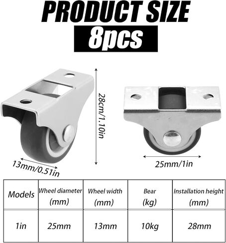 8pcs 1 Inch Low Profile Rolling Caster Wheels, Rubber Small Non Swivel Silent Ball Bearing Tiny Single Direction Furniture Wheels Mini Fixed Caster Wheels with Screws for Drawer Shelves Cabinets in Saudi Arabia