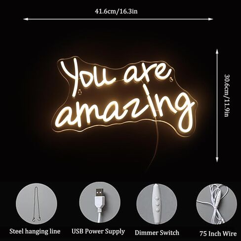 QiaoFei Led You Are So Amazing Neon Sign Word/Letters USB Powered with Dimmer Switch Neon Lights for Room Home Bar Art Wall Decor Party Window Living Room Decor Wall Hanging Decoration (Warm white) in Saudi Arabia