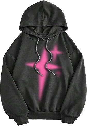 Women's Graphic Print Drawstring Hooded Sweatshirt Long Sleeve Drop Shoulder Hoodies in Saudi Arabia