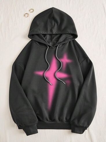 Women's Graphic Print Drawstring Hooded Sweatshirt Long Sleeve Drop Shoulder Hoodies in Saudi Arabia