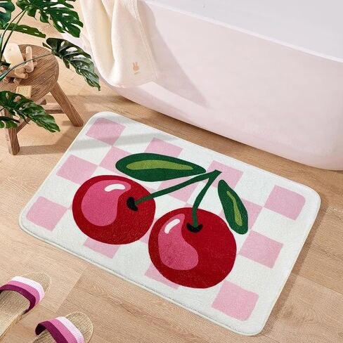 SHIYUE Cute Cherry Bath Mat for Bathroom Checkered, Non Slip Extra Soft Fluffy Absorbent Microfiber Fun Shower Decor (Pink 18"x26") in Saudi Arabia