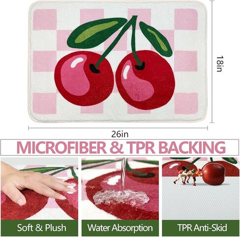 SHIYUE Cute Cherry Bath Mat for Bathroom Checkered, Non Slip Extra Soft Fluffy Absorbent Microfiber Fun Shower Decor (Pink 18"x26") in Saudi Arabia