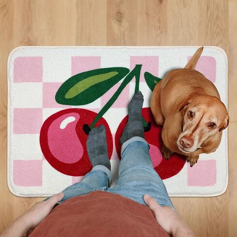SHIYUE Cute Cherry Bath Mat for Bathroom Checkered, Non Slip Extra Soft Fluffy Absorbent Microfiber Fun Shower Decor (Pink 18"x26") in Saudi Arabia