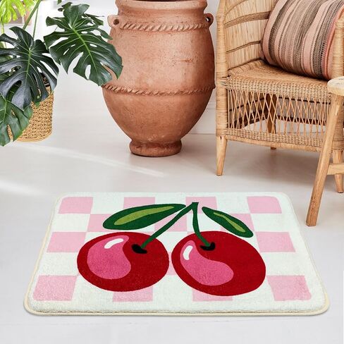 SHIYUE Cute Cherry Bath Mat for Bathroom Checkered, Non Slip Extra Soft Fluffy Absorbent Microfiber Fun Shower Decor (Pink 18"x26") in Saudi Arabia