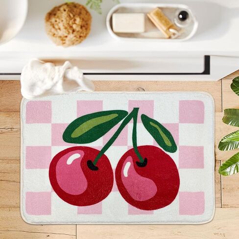 SHIYUE Cute Cherry Bath Mat for Bathroom Checkered, Non Slip Extra Soft Fluffy Absorbent Microfiber Fun Shower Decor (Pink 18"x26") in Saudi Arabia