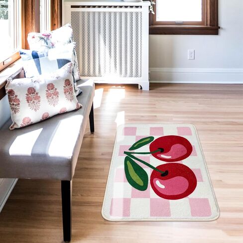 SHIYUE Cute Cherry Bath Mat for Bathroom Checkered, Non Slip Extra Soft Fluffy Absorbent Microfiber Fun Shower Decor (Pink 18"x26") in Saudi Arabia