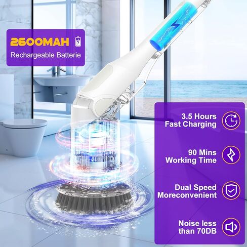 جهاز تنظيف دوار كهربائي جديد، جهاز تنظيف دوار لاسلكي قابل للحمل مع 5 رؤوس فرشاة ومقبض تمديد قابل للتعديل، فرشاة استحمام بقوة 360 درجة للحمام والحوض والبلاط والأرضية in Kuwait