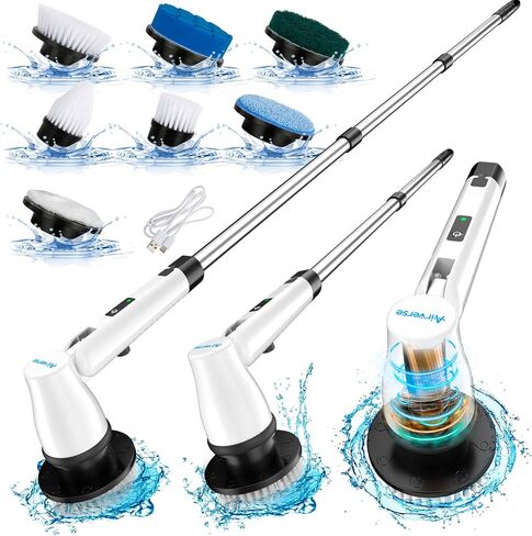 Electric Spin Scrubber, Cordless Shower Cleaning Brush with 7 Replaceable Brush Heads, Adjustable & Detachable Long Handle, 2 Speeds Power Scrubbers for Cleaning Bathroom, Tub, Floor, Car in Saudi Arabia