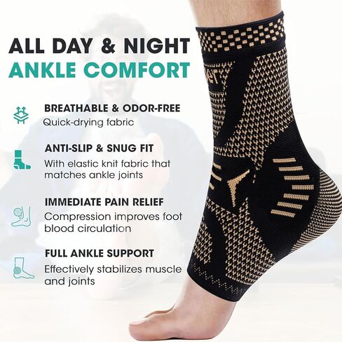 Ankle Brace for Women & Men, Ankle Compression Sleeve Support Copper Infused Ankle Brace for Sprained Ankle, Plantar Fasciitis Sports, Achilles Tendonitis Pain Relief, Copper Black, M in Saudi Arabia