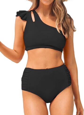 CUPSHE Women's Bikini Sets Two Piece Swimsuit High Waisted Ruffle Cutout One Shoulder Shirred Swimwear in Saudi Arabia
