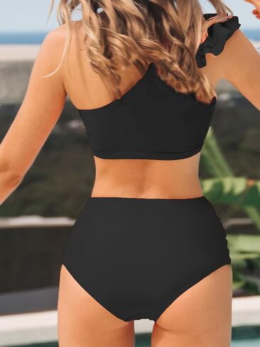 CUPSHE Women's Bikini Sets Two Piece Swimsuit High Waisted Ruffle Cutout One Shoulder Shirred Swimwear in Saudi Arabia