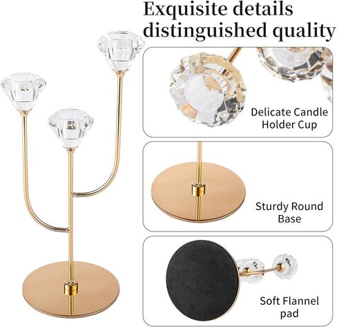 Enjinkail Gold Candlestick Holders-3 Arms Candelabra,Candle Holders for Candlesticks with Diamond Cup, Taper Candle Sticks Holder Decor for Wedding, Dining, Party, Anniversary, Fits 3/4 inch Candle in Kuwait