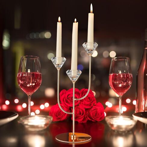 Enjinkail Gold Candlestick Holders-3 Arms Candelabra,Candle Holders for Candlesticks with Diamond Cup, Taper Candle Sticks Holder Decor for Wedding, Dining, Party, Anniversary, Fits 3/4 inch Candle in Kuwait