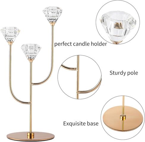 Enjinkail Gold Candlestick Holders-3 Arms Candelabra,Candle Holders for Candlesticks with Diamond Cup, Taper Candle Sticks Holder Decor for Wedding, Dining, Party, Anniversary, Fits 3/4 inch Candle in Kuwait