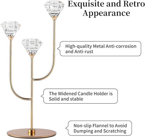 Enjinkail Gold Candlestick Holders-3 Arms Candelabra,Candle Holders for Candlesticks with Diamond Cup, Taper Candle Sticks Holder Decor for Wedding, Dining, Party, Anniversary, Fits 3/4 inch Candle in Kuwait