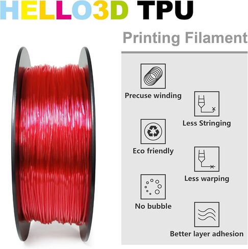 HEllO3D TPU Filament 1.75mm Flexible 3D Printer Filament,95A Soft 3D Printer Filament,TPU Elastomer 3D Filament,Vacuum Packed,Dimensional Accuracy +/- 0.05mm,800g Spool (1.76 lbs)(Transparent Red) in Saudi Arabia
