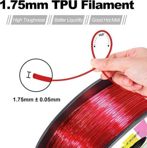 HEllO3D TPU Filament 1.75mm Flexible 3D Printer Filament,95A Soft 3D Printer Filament,TPU Elastomer 3D Filament,Vacuum Packed,Dimensional Accuracy +/- 0.05mm,800g Spool (1.76 lbs)(Transparent Red) in Saudi Arabia